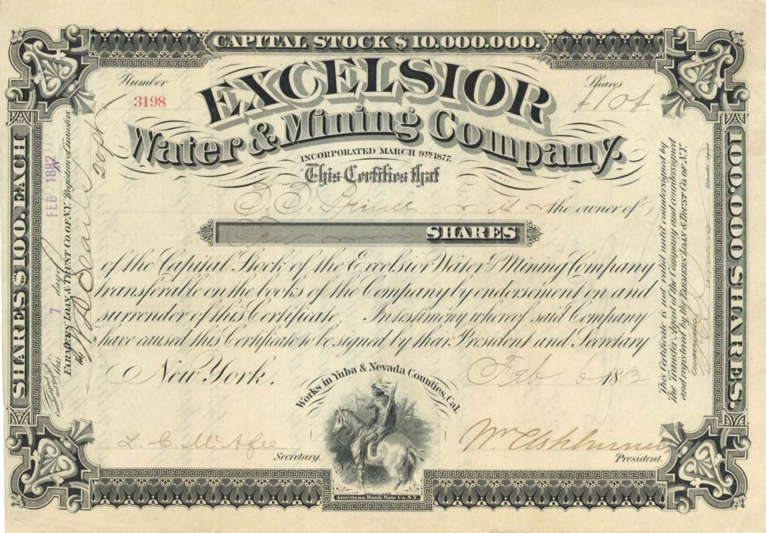 Excelsior Water and Mining Co.  - 1882 dated Stock Certificate