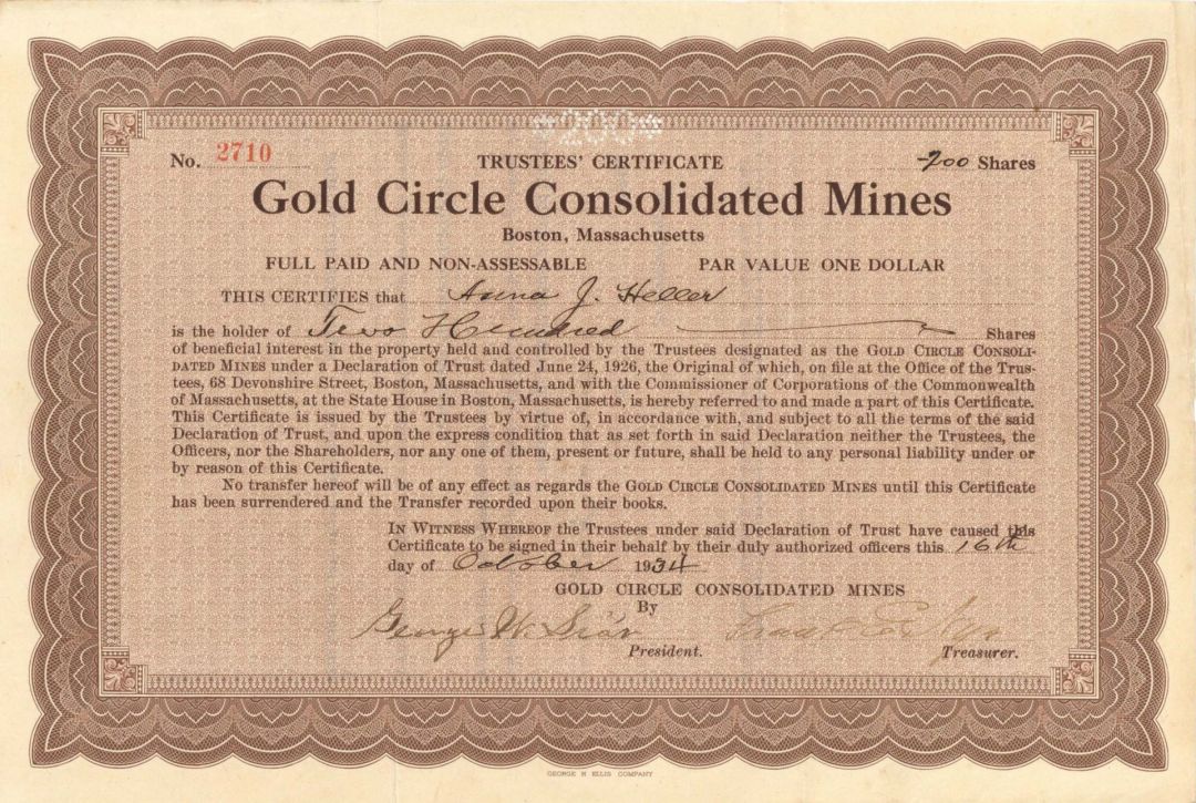 Gold Circle Consolidated Mines  - 1934 dated Stock Certificate