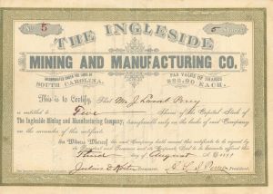 Ingleside Mining and Manufacturing Co.  - 1891 dated Stock Certificate