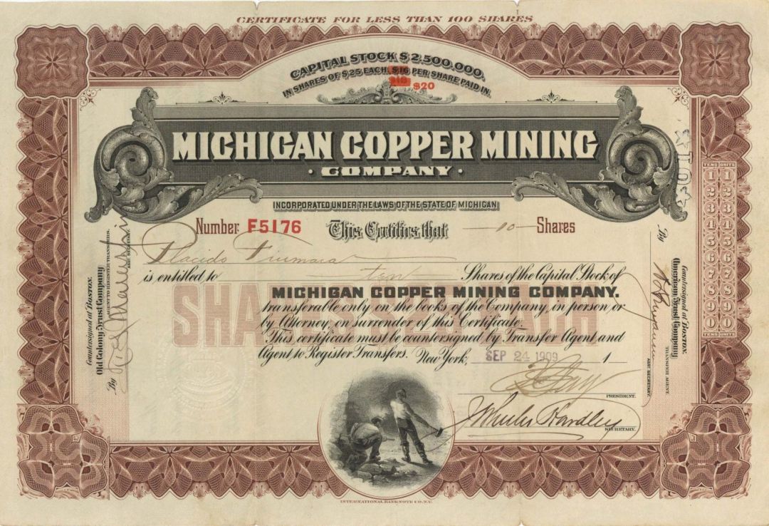 Michigan Copper Mining Co.  - 1909 dated Stock Certificate