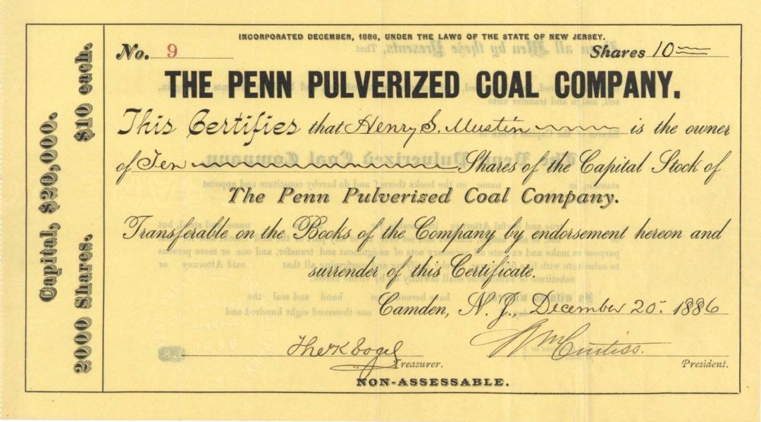 Penn Pulverized Coal Co.  - 1886 dated Stock Certificate