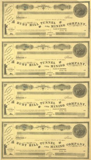 Ruby Hill Tunnel and Mining Co. - Uncut Sheet of 4- Unissued Stock Certificate