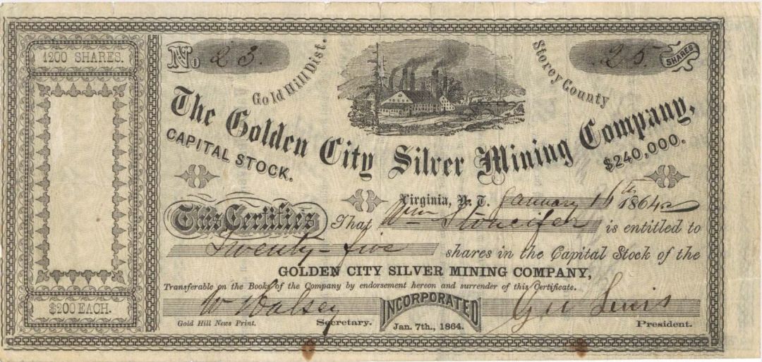 Golden City Silver Mining Co. -  1864 dated Stock Certificate