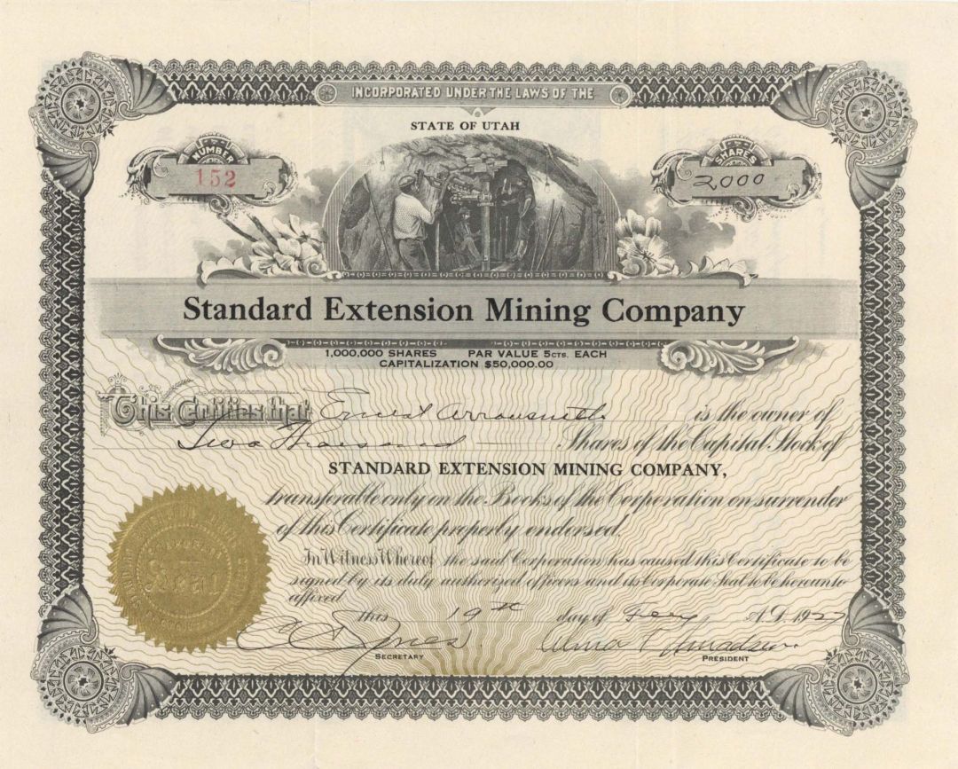 Standard Extension Mining Co. -  1927 or 1929 dated Stock Certificate