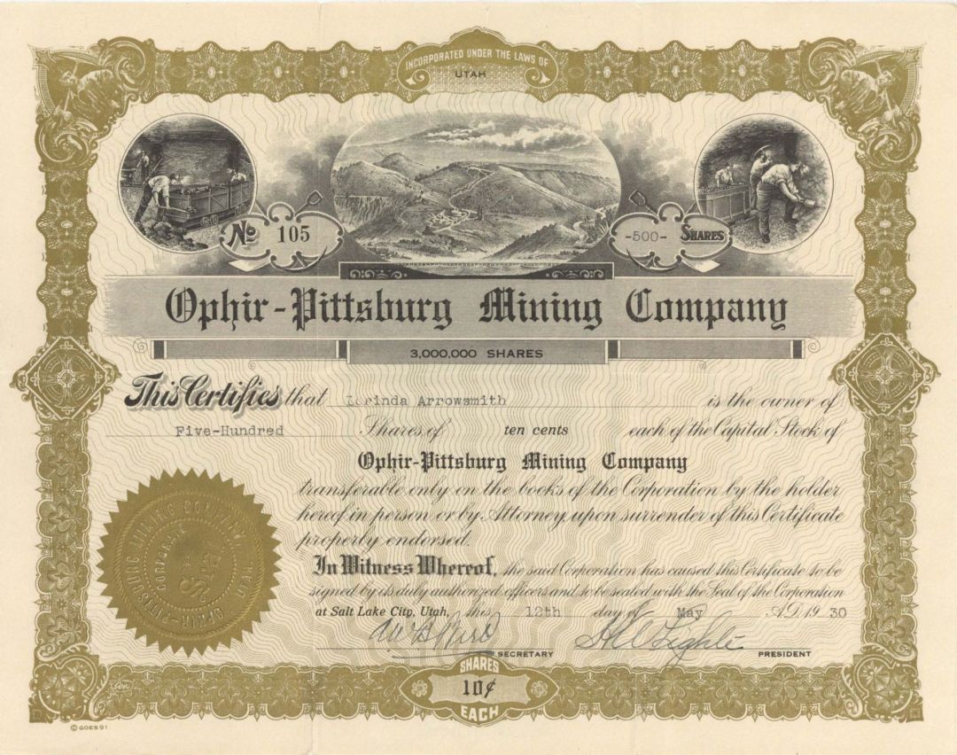 Ophir-Pittsburg Mining Co. -  1930 dated Stock Certificate