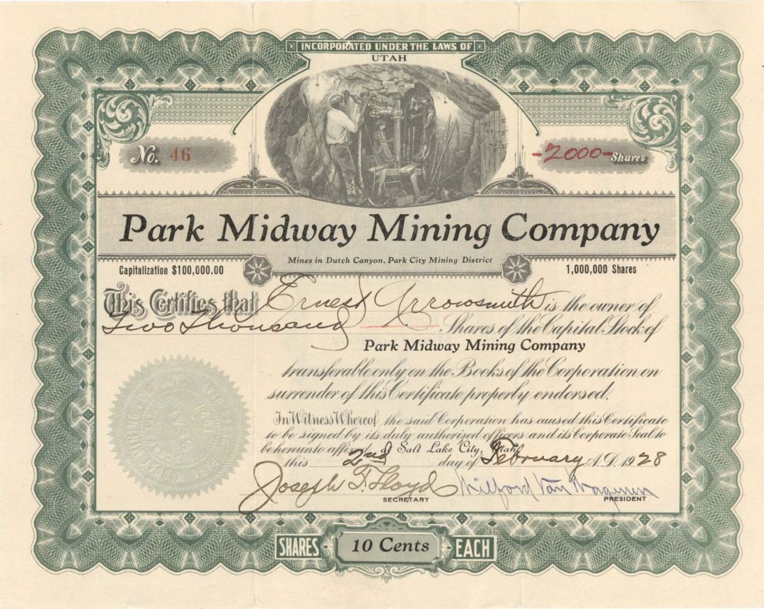 Park Midway Mining Co. -  1928 dated Stock Certificate