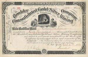 Boulder Consolidated Gold and Silver Mining Co. - 1880 dated Stock Certificate