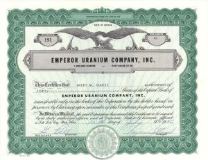 Emperor Uranium Company, Inc. - 1956 dated Stock Certificate