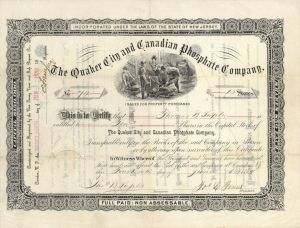 Quaker City and Canadian Phosphate Co. - 1889 dated Stock Certificate
