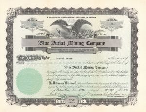 Blue Bucket Mining Co. - 1936 or 1937 dated Stock Certificate