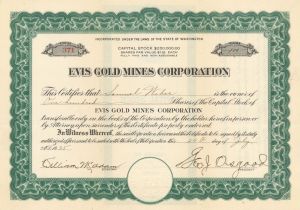 Evis Gold Mines Corp. - 1935 or 1938 dated Stock Certificate