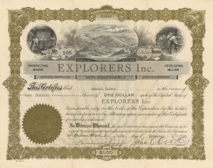 Explorers Inc. - 1935 or 1938 dated Stock Certificate