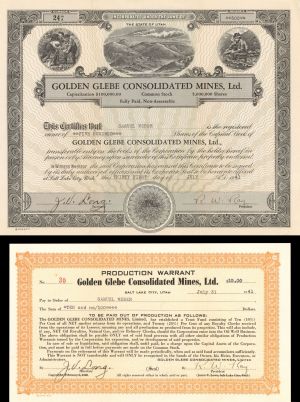 Golden Glebe Consolidated Mines, Ltd. - 1941 dated Stock Certificate and Production Warrant