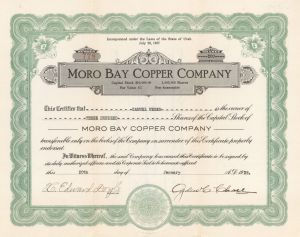 Moro Bay Copper Co. - 1938 dated Stock Certificate