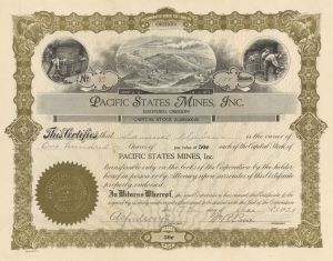 Pacific States Mines, Inc. - 1931-1934 dated Stock Certificate