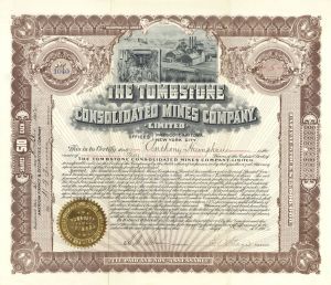 Tombstone Consolidated Mines Co., Limited - 1902 dated Tombstone, Arizona Mining Stock Certificate