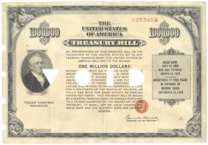 $1,000,000 United States Treasury Bill issued June 5, 1969 - One Million Dollar Treasury Bill