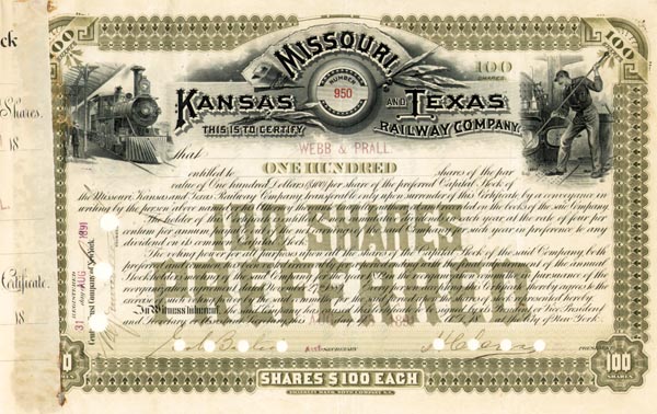 Missouri, Kansas and Texas Railway - "The Katy" - 1890's-1900's dated Railroad Stock Certificate