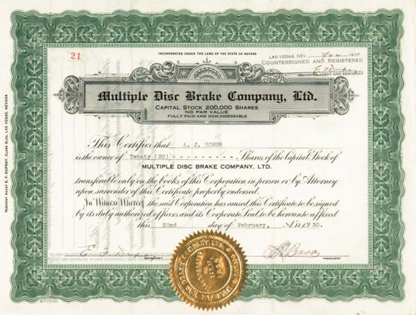 Multiple Disc Brake Co. - Stock Certificate (Uncanceled)