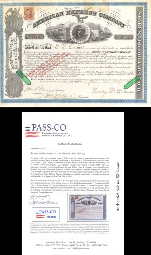 American Express Co. Stock signed by William G. Fargo and Henry Wells - PASS-CO Authenticated Stock Certificate