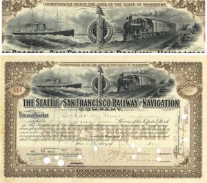 Seattle and San Francisco Railway and Navigation Co. - Washington and California Stock Certificate