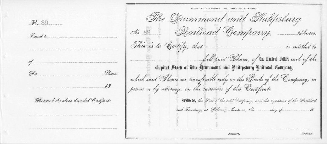 Drummond and Philipsburg Railroad Co. - 1880's dated Unissued Montana Railway Stock Certificate - Northern Pacific Railroad