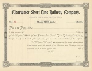 Clearwater Short Line Railway - circa 1890's Unissued Montana ailroad Stock Certificate