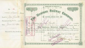 Montana Railway Co. - 1892 dated Railroad Stock Certificate - Issued to Jay Gould - Branch Line of the Northern Pacific Railroad