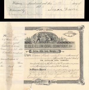 Cle-elum Coal Co. issued to and signed twice by Isaac Davis - 1894 dated Autographed Mining Stock Certificate - Northern Pacific Archive - Washington State