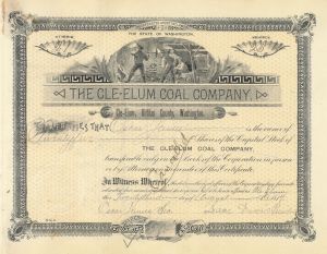 Cle-elum Coal Co. - Mining Stock Certificate - Northern Pacific Archive - Washington State