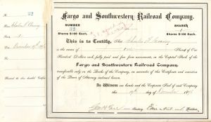 Fargo and Southwestern Railroad Co. -1800's dated Stock Certificate