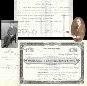 Washington and Columbia River Railway Co. issued to and signed by Geo. H. Earl and C.S. Mellen - 1898 dated Autographed Stock Certificate