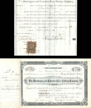 Washington and Columbia River Railway Co. Signed by Geo. H. Earl, C.S. Mellen and Howard Elliott - 1903 dated Autographed Stock Certificate