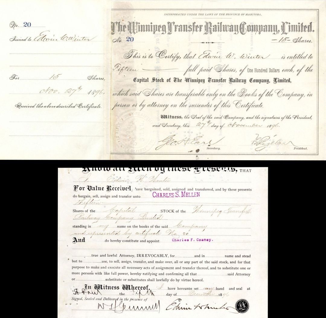 Winnipeg Transfer Railway Company, Ltd. issued to/signed by Edwin Winter and signed by Geo. H. Earl