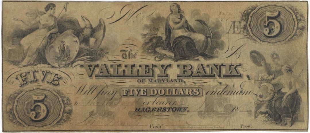 The Valley Bank of Maryland - 1856 dated Hagerstown, MD Obsolete Banknote - Paper Money