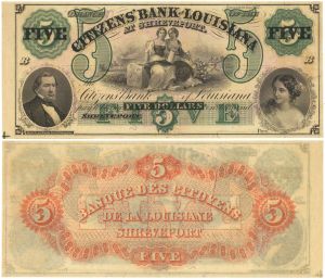 Citizens' Bank of Louisiana $5 - circa 1800's Obsolete Banknote - Shreveport, Louisiana