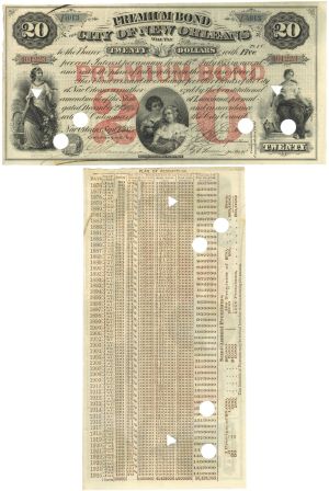 City of New Orleans $20 Premium Bond dated 1875 - Plan of Redemption at Back - New Orleans, Louisiana