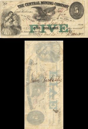 Central Mining Co. - $5 - 1864 dated Obsolete Note - Civil War Dated Mining Note - Eagle Harbor, Michigan