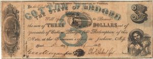 State of Mississippi $3 - Obsolete Notes