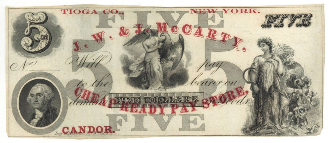J.W. and J. McCarty $5 Ad Note - 1850's dated Obsolete Note