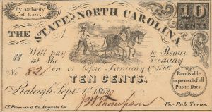 State of North Carolina 10 cents - 1862 dated Obsolete Note - Raleigh, North Carolina