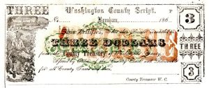 Washington County, Brenham, Texas Script $3 Note - 1860's dated Obsolete Note - Broken Banknote - Remainder - SOLD