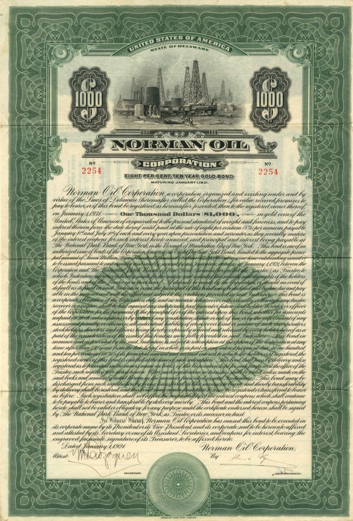 Norman Oil Corporation - $1,000 Bond