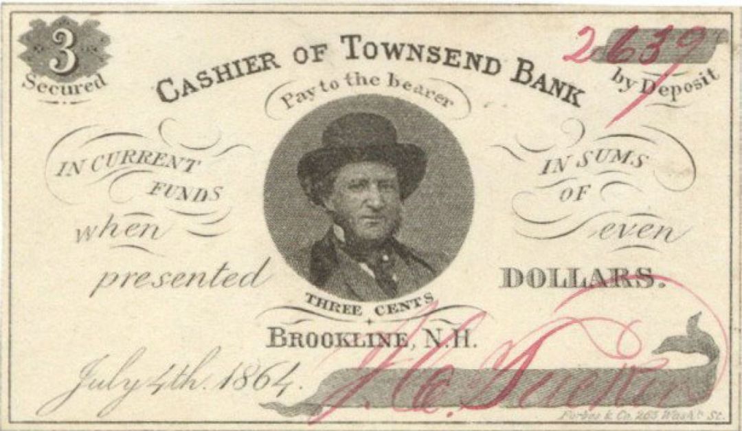 Townsend Bank 3 cents dated 1864 - Obsolete Banknote - Paper Money