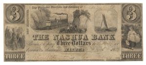 Nashua Bank 3 dollars dated 1853 - Obsolete Banknote - Paper Money - SOLD