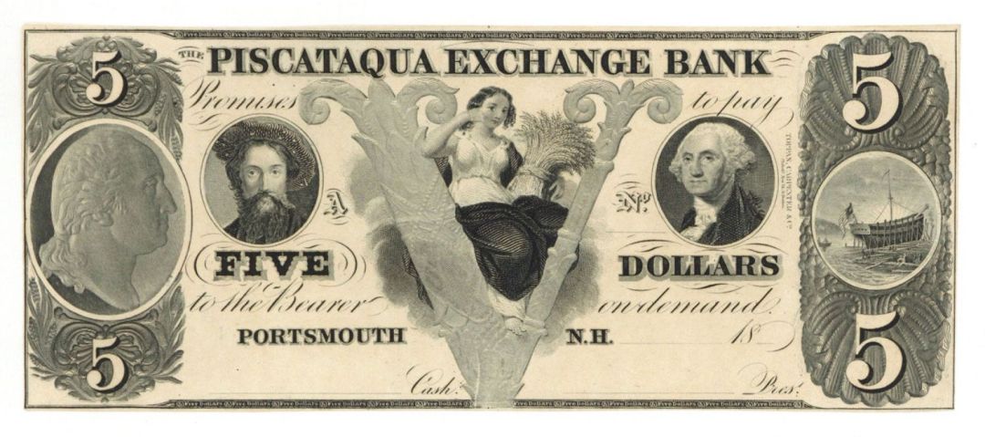 Piscataqua Exchange Bank 5 dollars Unissued - Obsolete Banknote - Paper Money