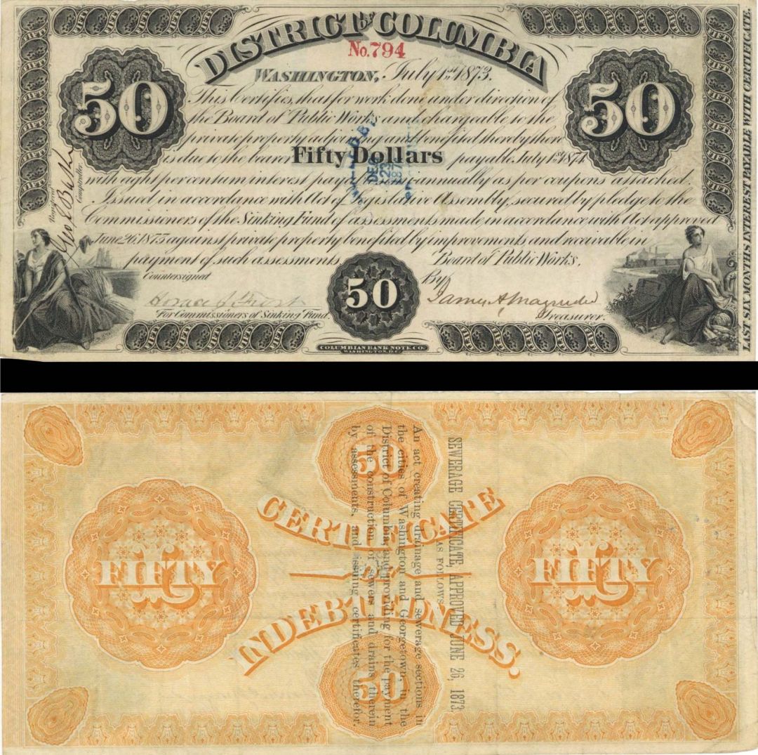 District of Columbia $50 - 1874 dated Obsolete Banknote - Paper Money