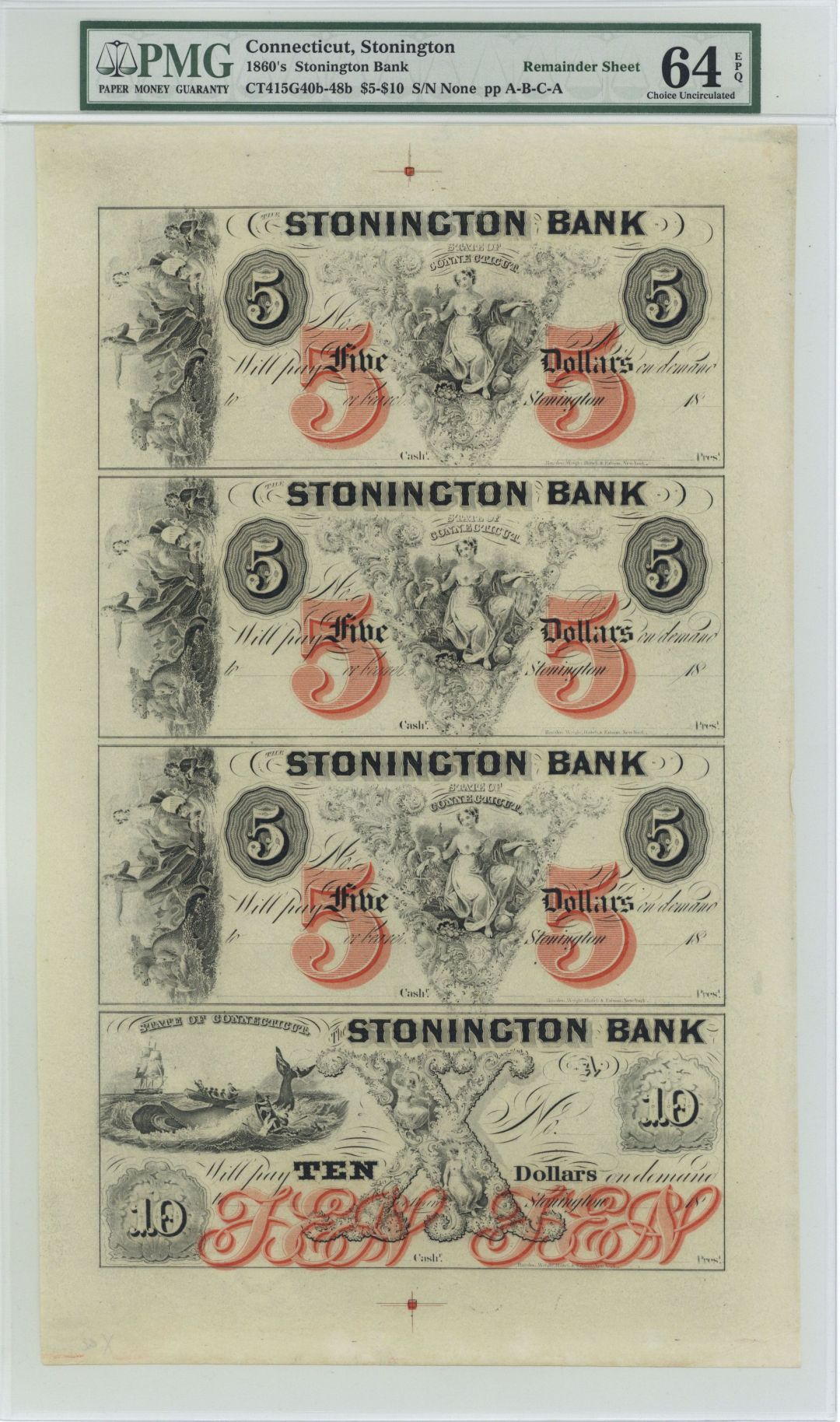 Stonington Bank Uncut Obsolete Sheet Circa 1800's - Broken Bank Notes - PMG GRADED