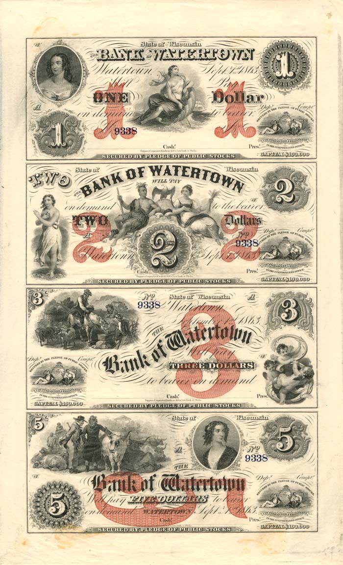 Bank of Watertown - Wisconsin Uncut Obsolete Sheet - Broken Bank Notes