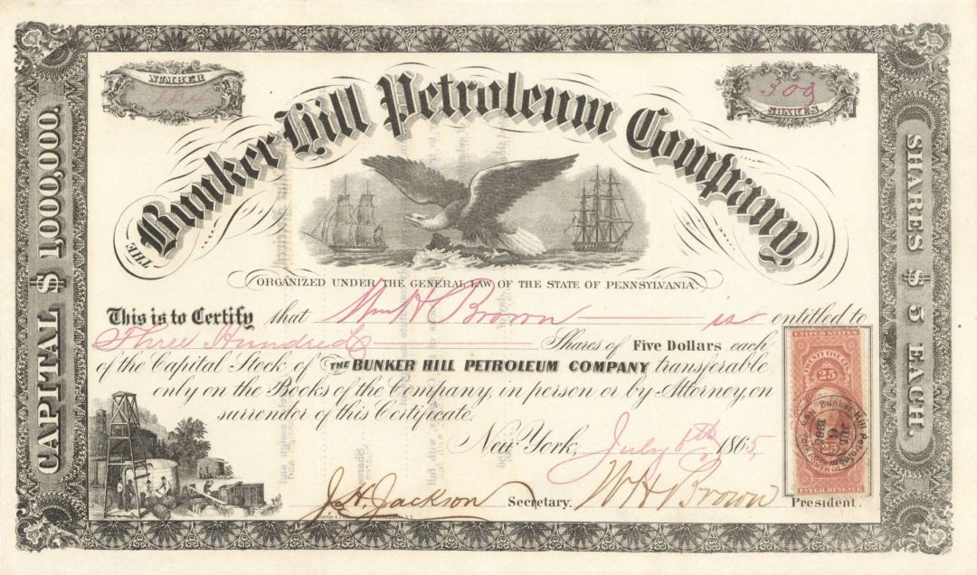 Bunker Hill Petroleum Co. -1865 dated Stock Certificate (Uncanceled)